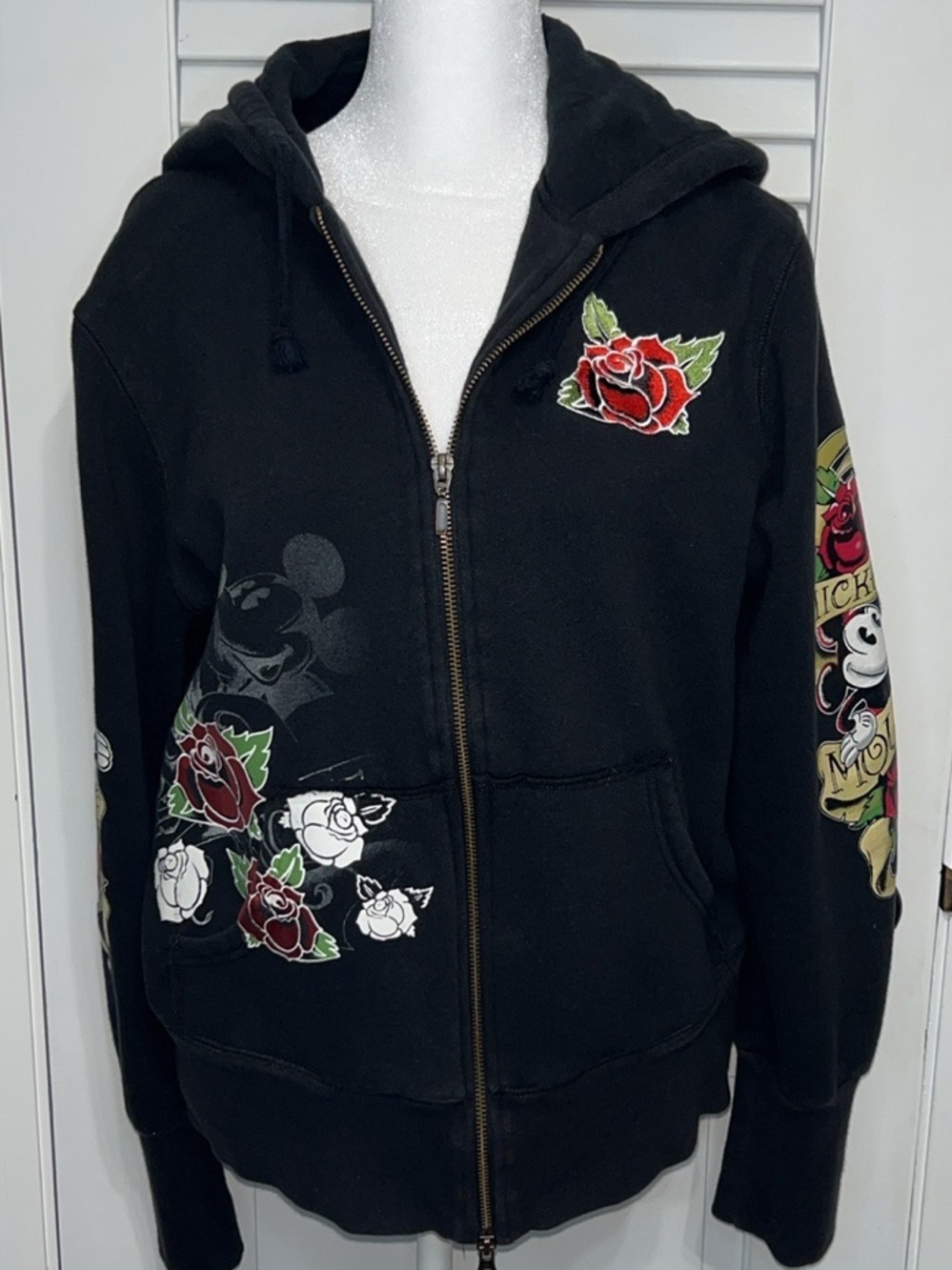 Disney Parks Mickey Mouse Tattoo Style Rhinestone Zip Hoodie XL